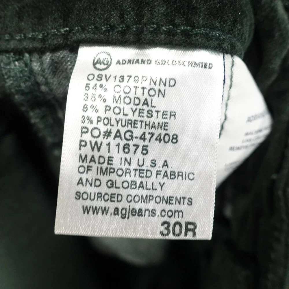 AG Adriano Goldschmied Pants Womens 30R Green Velvet The Farrah Skinny 30x29.5